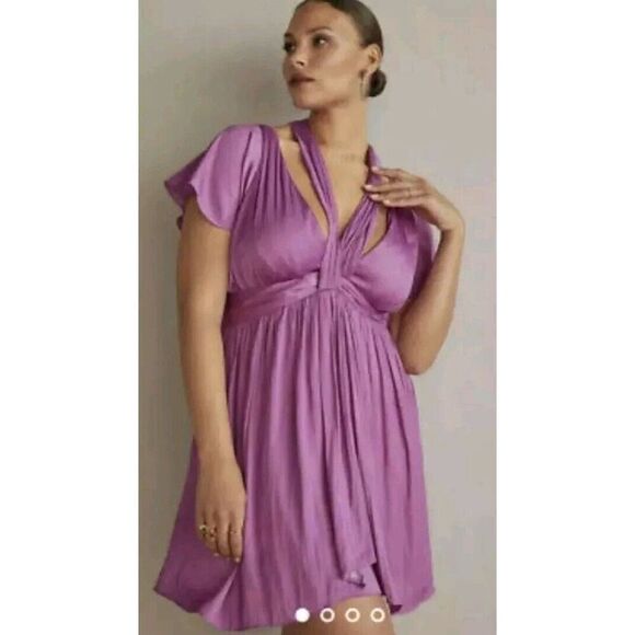 Anthropologie Deep V Neck Vibrant Purple‎ Mini Dress Size 12 Flowy, Lined EUC - Picture 2 of 13
